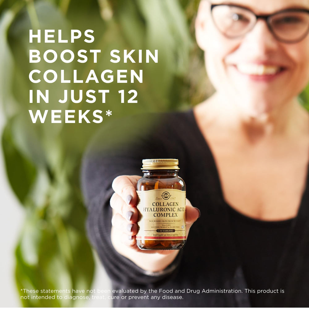 Solgar Collagen Hyaluronic Acid Complex ingredients highlight non-GMO and hormone-free sourcing.