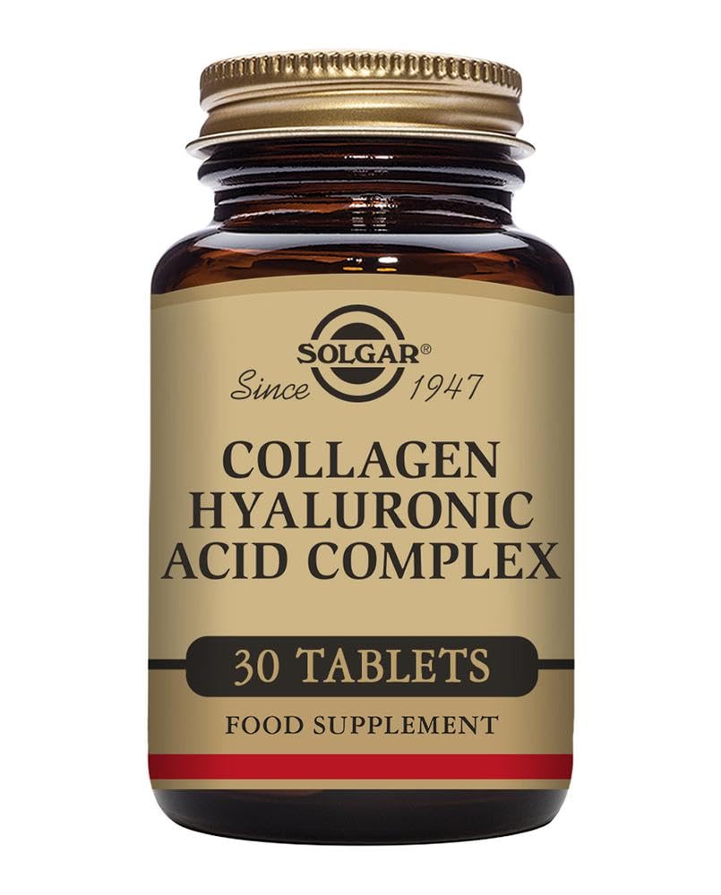Solgar Collagen Hyaluronic Acid Complex label detail with vitamin C information.