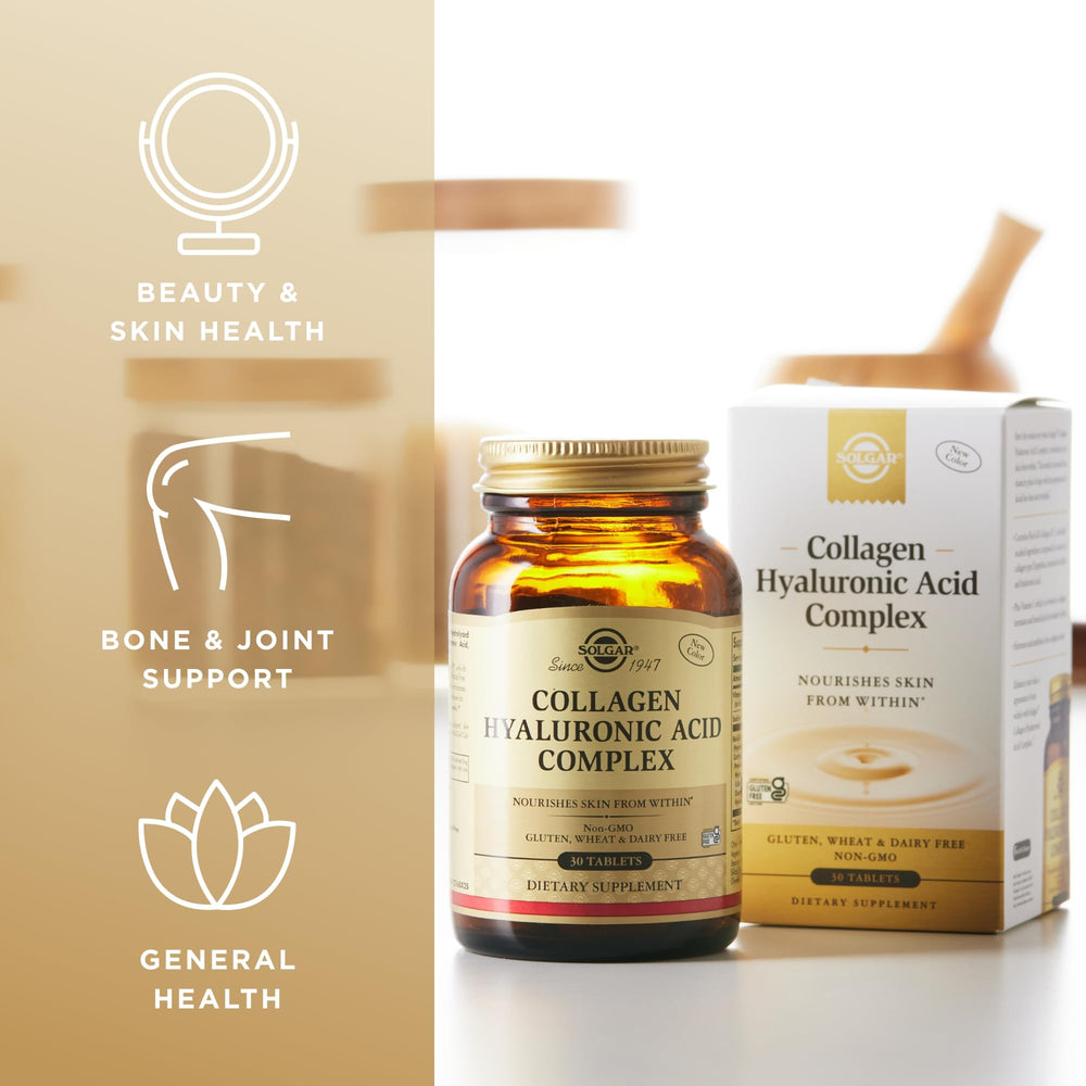 Solgar Collagen Hyaluronic Acid Complex packaging box with 60 servings.