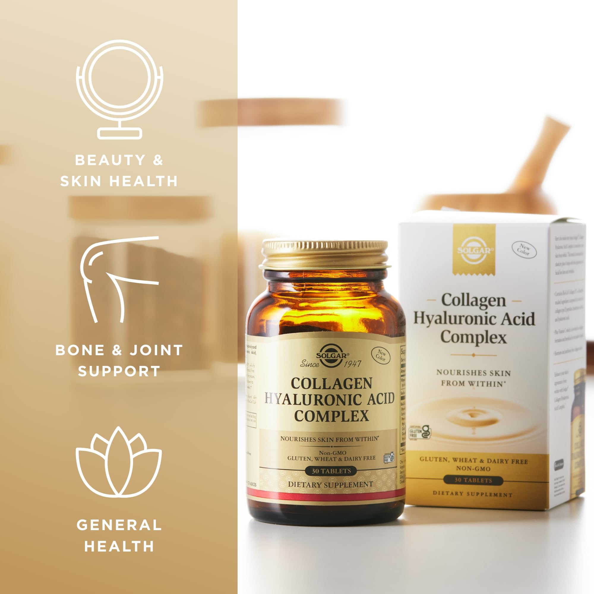 Solgar Collagen Hyaluronic Acid Complex tablets piled for daily dosing.