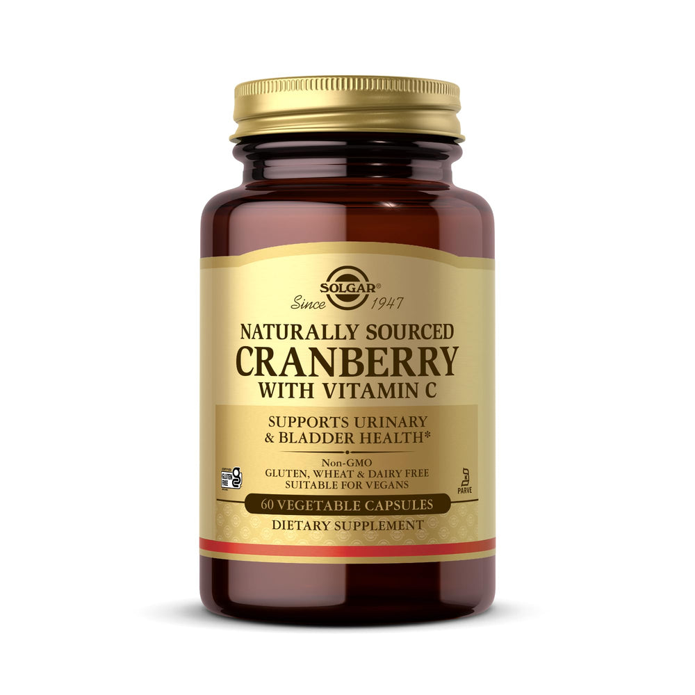 Solgar Cranberry with Vitamin C bottle, easy daily urinary health support