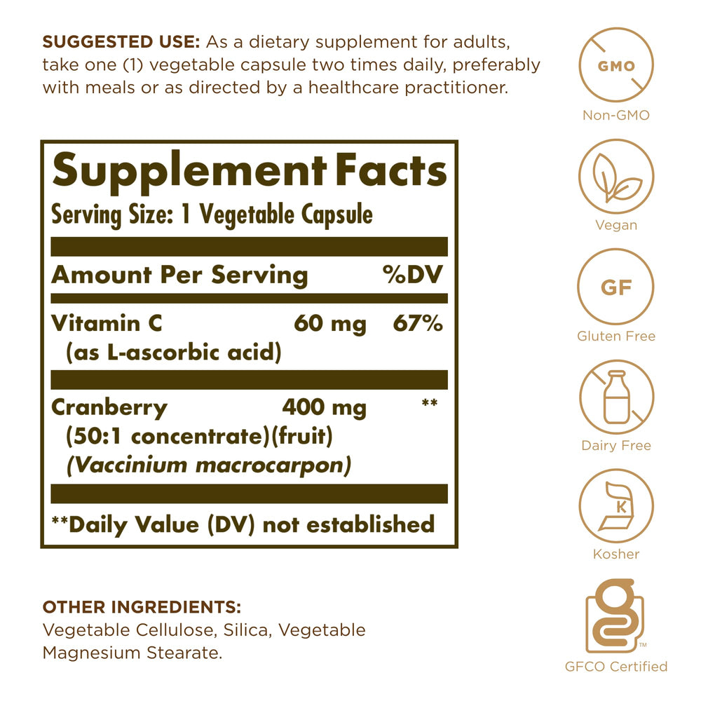Solgar Cranberry with Vitamin C capsules close-up, convenient vegan daily supplement
