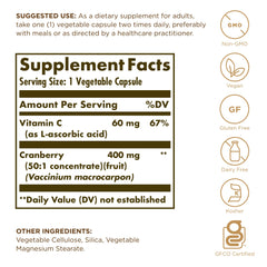 Solgar Cranberry with Vitamin C capsules close-up, convenient vegan daily supplement