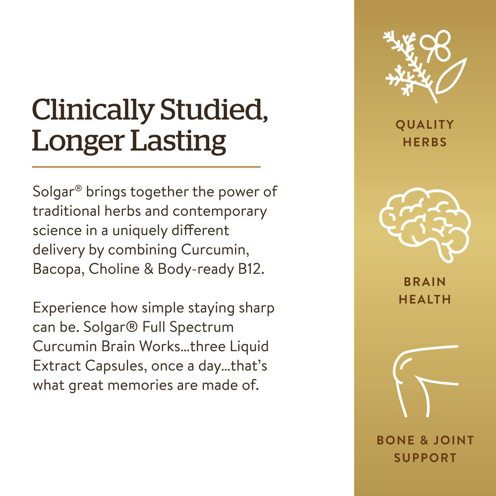 Solgar Curcumin Brain Works choline and B12 combination, supports cognitive pathways.