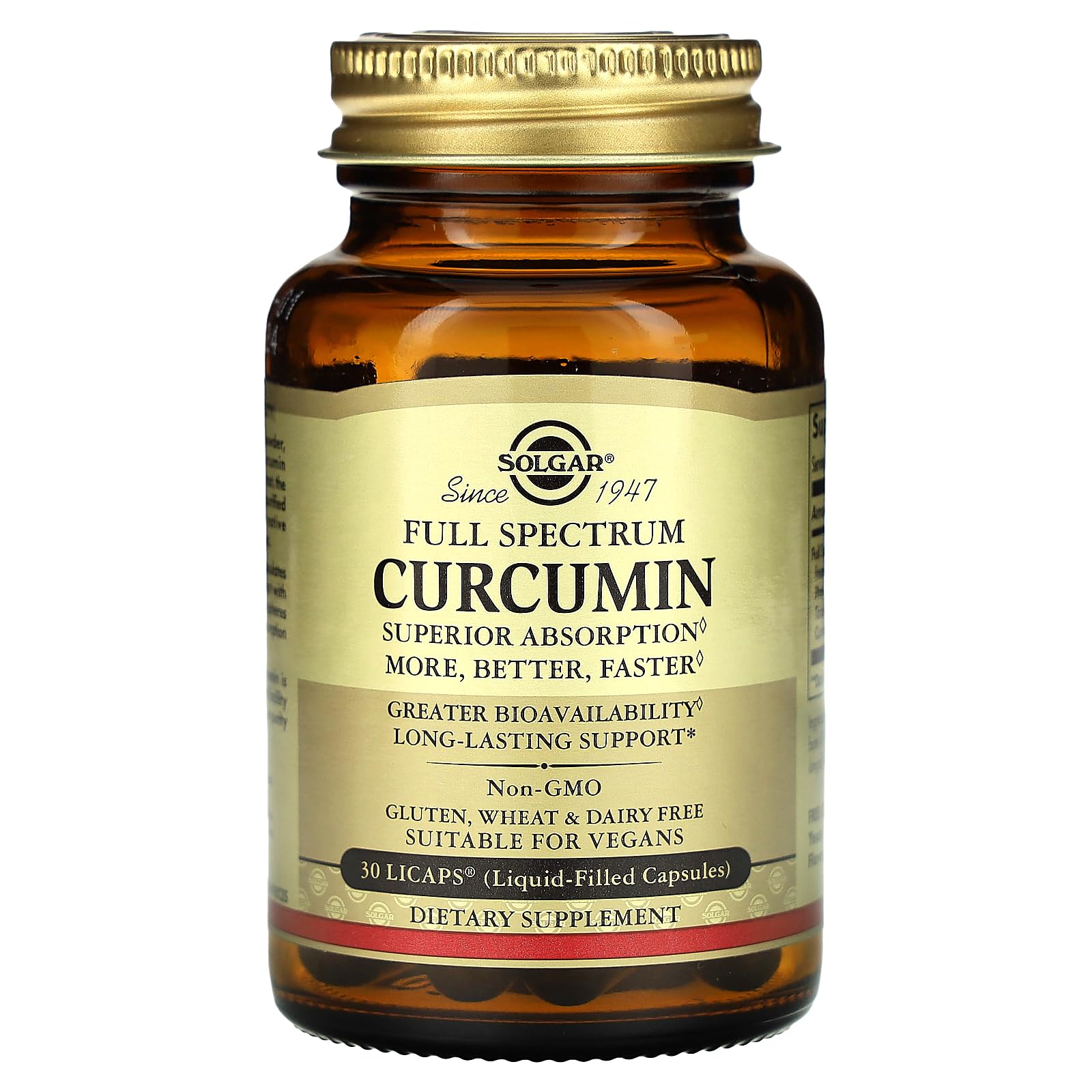 Solgar Curcumin LiCaps label highlights vegan gluten-free formula for clean supplementation
