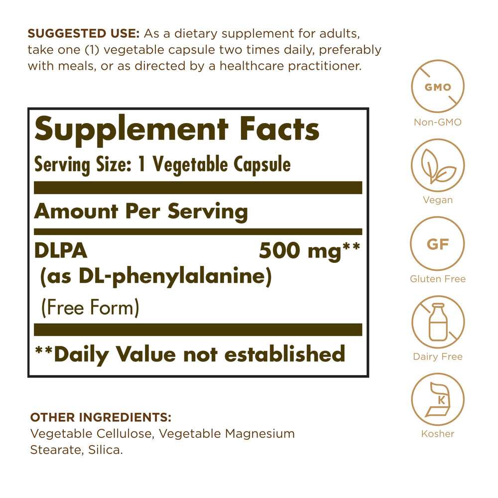 Solgar DLPA capsules on table suggesting vegan daily use.
