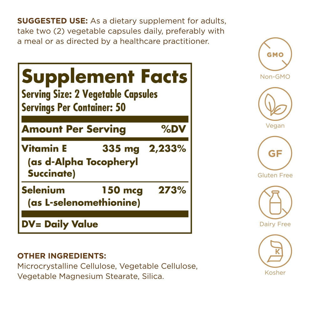 Solgar capsules close-up showing dry, non-oily vitamin E