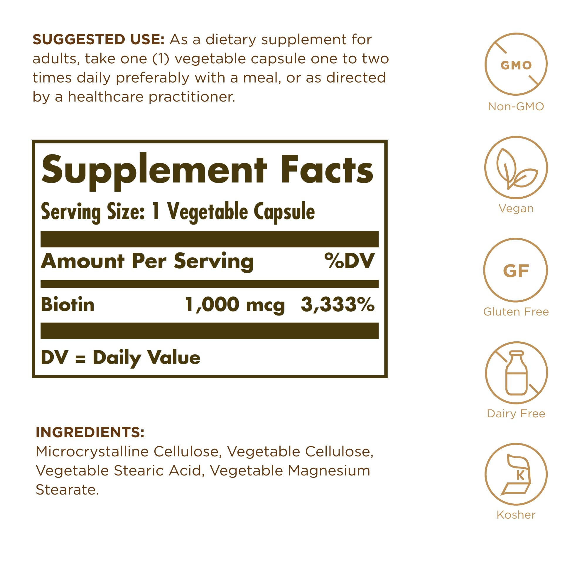 Solgar Enhanced Potency Biotin capsules closeup, vegan and gluten-free formula.