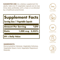 Solgar Enhanced Potency Biotin capsules closeup, vegan and gluten-free formula.