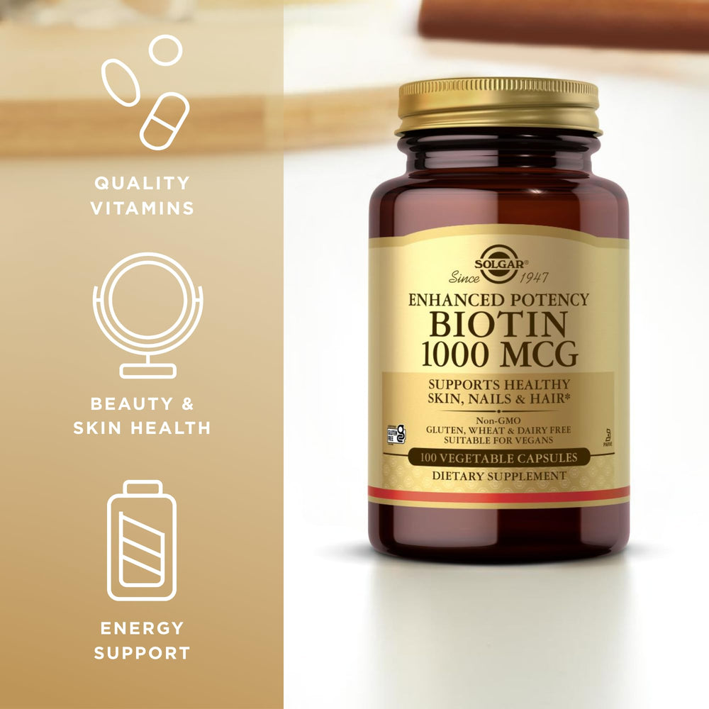 Solgar Enhanced Potency Biotin packaging on shelf.