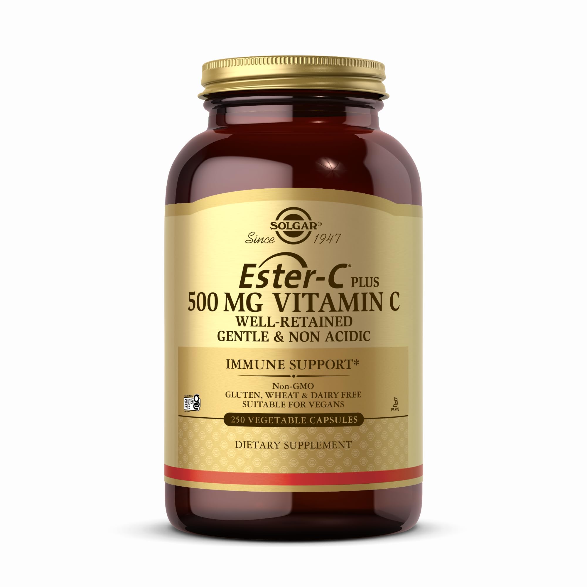 Solgar Ester-C Plus 500 mg bottle shown for gentle, non-acidic vitamin C delivery