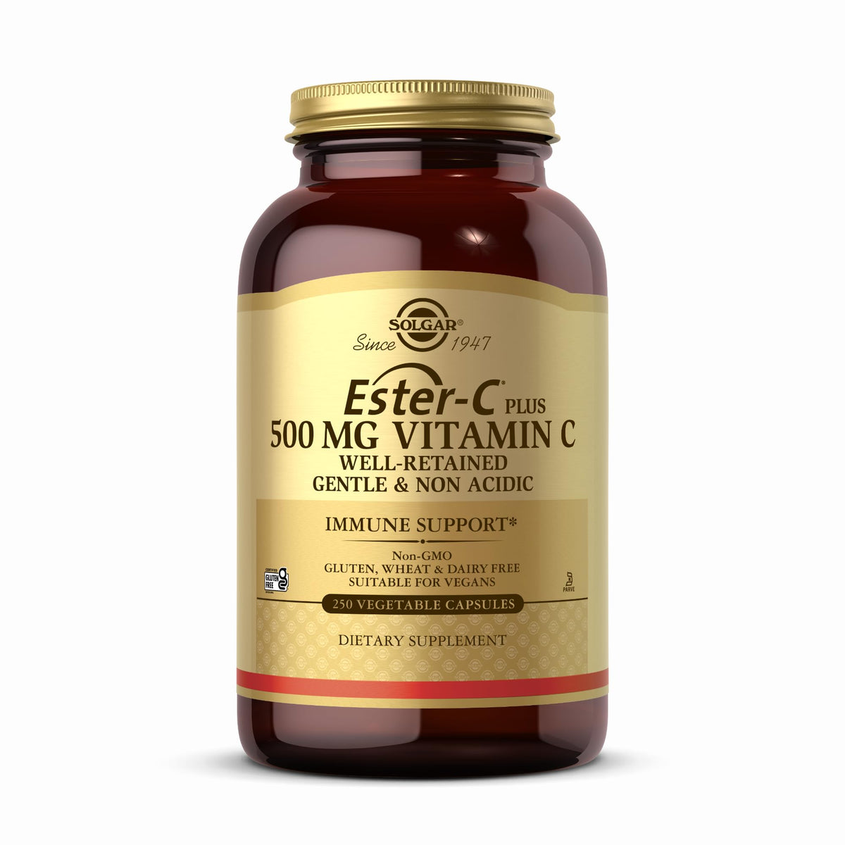 Solgar Ester-C Plus 500 mg bottle shown for gentle, non-acidic vitamin C delivery