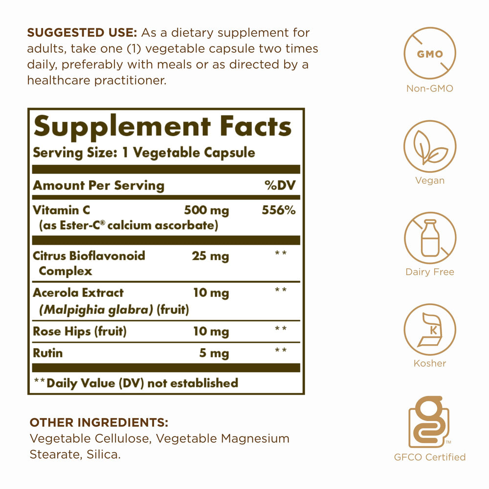 Solgar Ester-C Plus capsules illustrate convenient daily vitamin C in vegan form