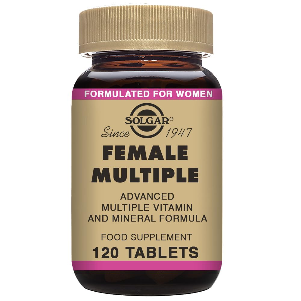 Solgar Female Multiple bottle on table illustrating the compact 120-tablet packaging.