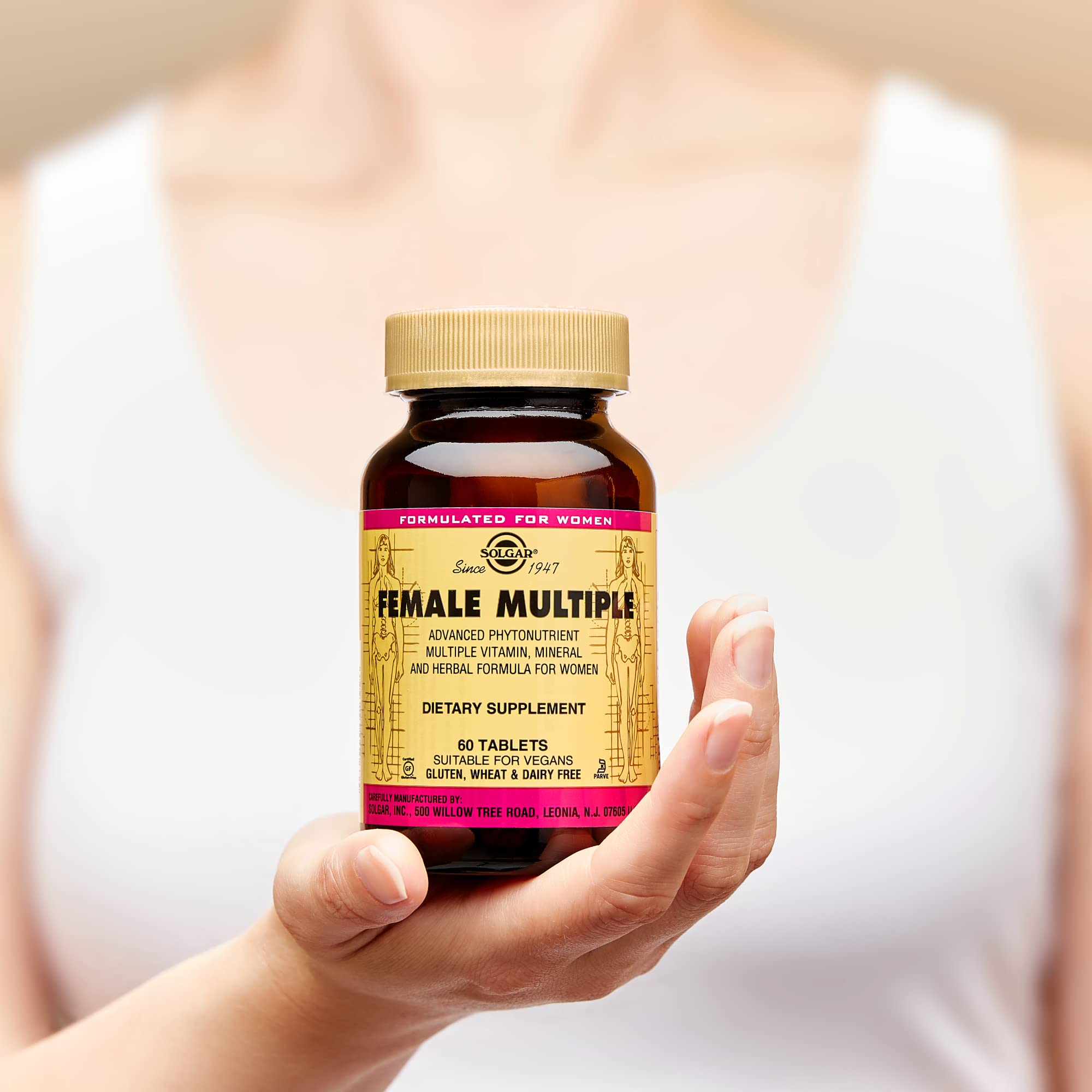 Solgar Female Multiple bottle with kosher certification mark and quality assurance label.