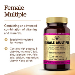Solgar Female Multiple label close-up emphasizing premium herbal blend and phytonutrients.