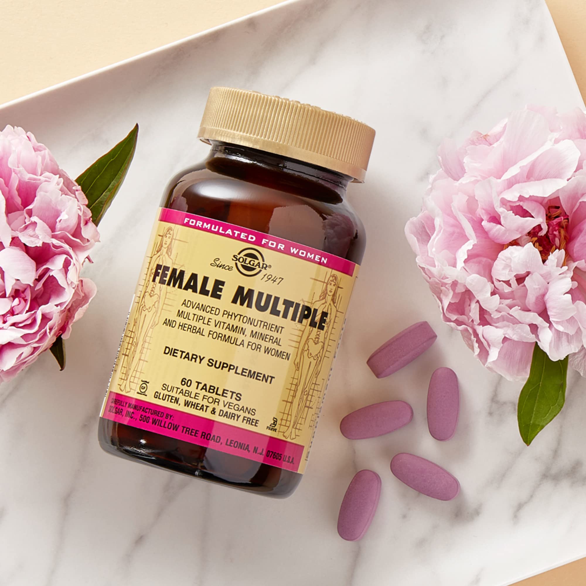 Solgar Female Multiple packaging with allergen-free claims for sensitive diets.