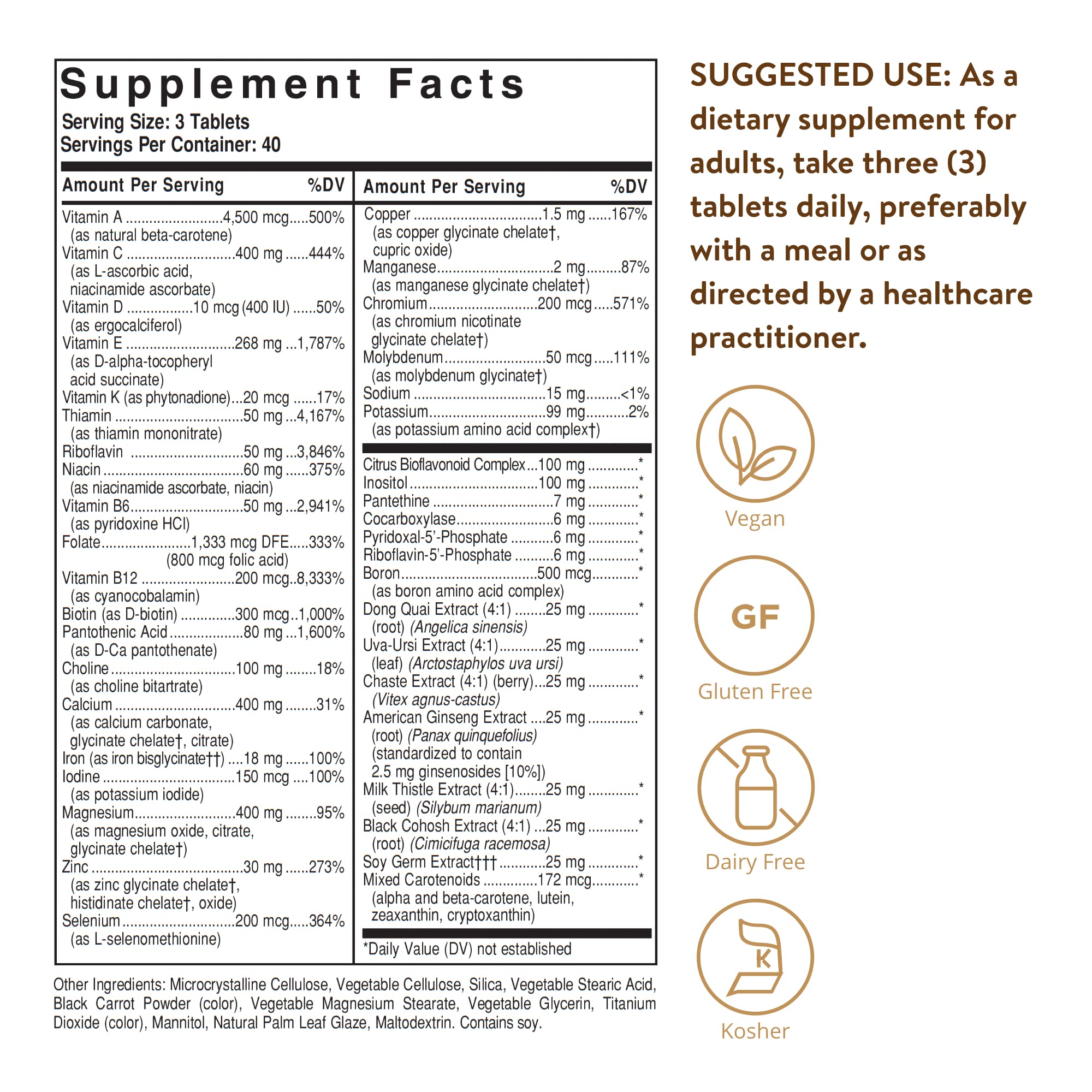 Solgar Female Multiple tablets close-up showing natural water-based coating for easy swallowing.