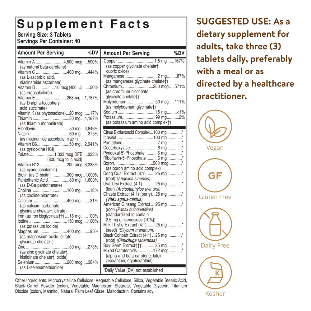 Solgar Female Multiple tablets close-up showing natural water-based coating for easy swallowing.