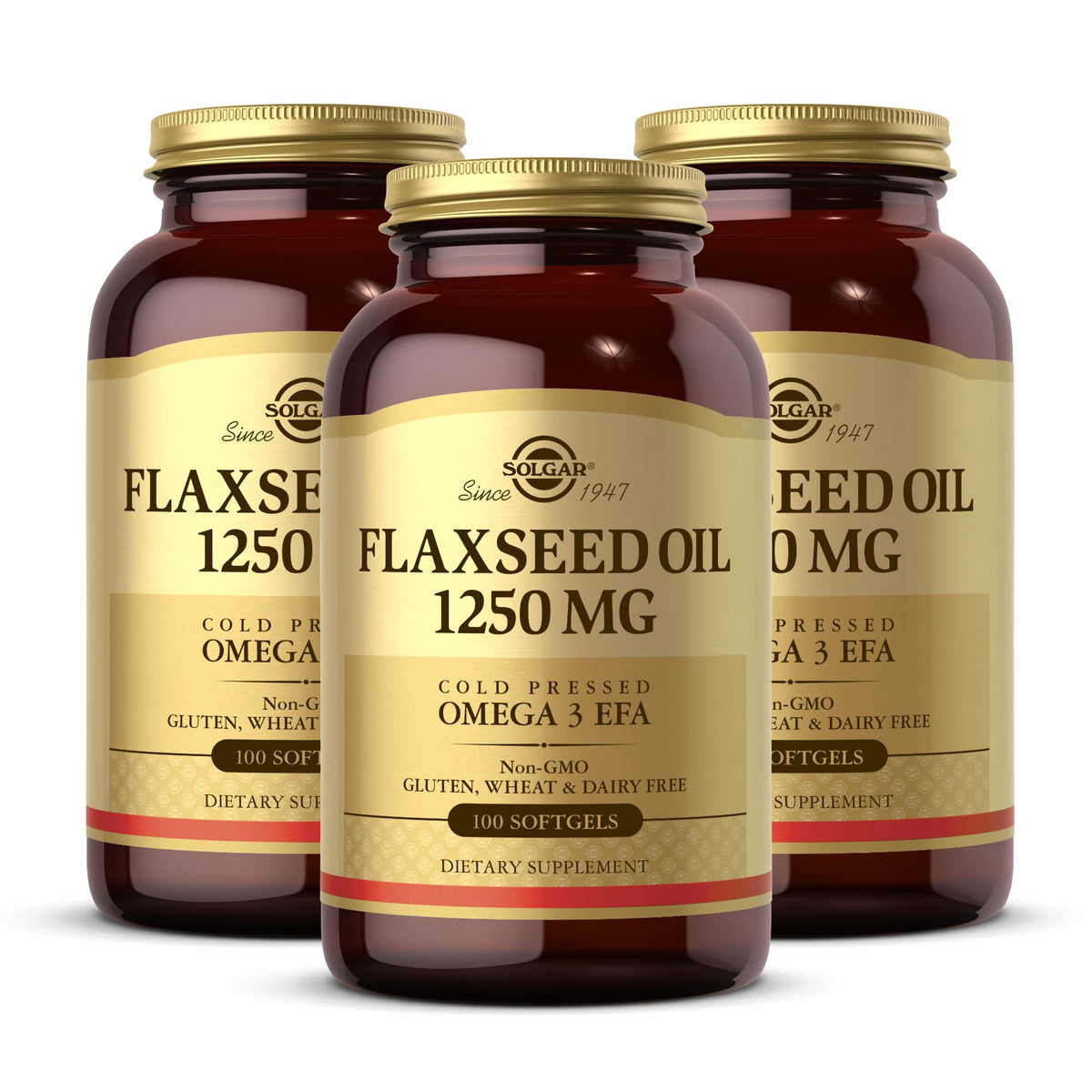 Solgar Flaxseed Oil 1250 mg bottle label highlights non-GMO and gluten-free formula