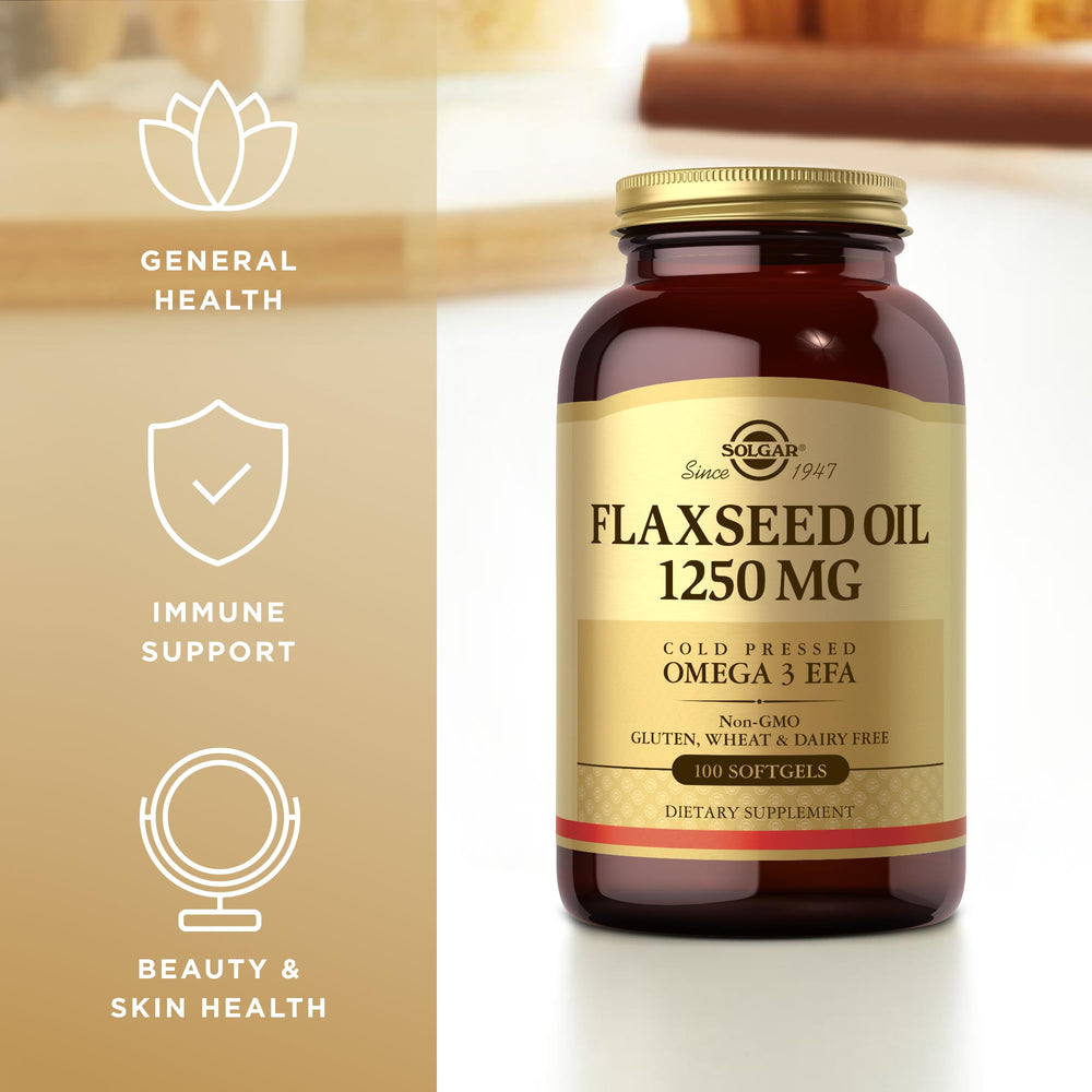 Solgar flaxseed oil bottle features label highlighting ALA as a plant-based source