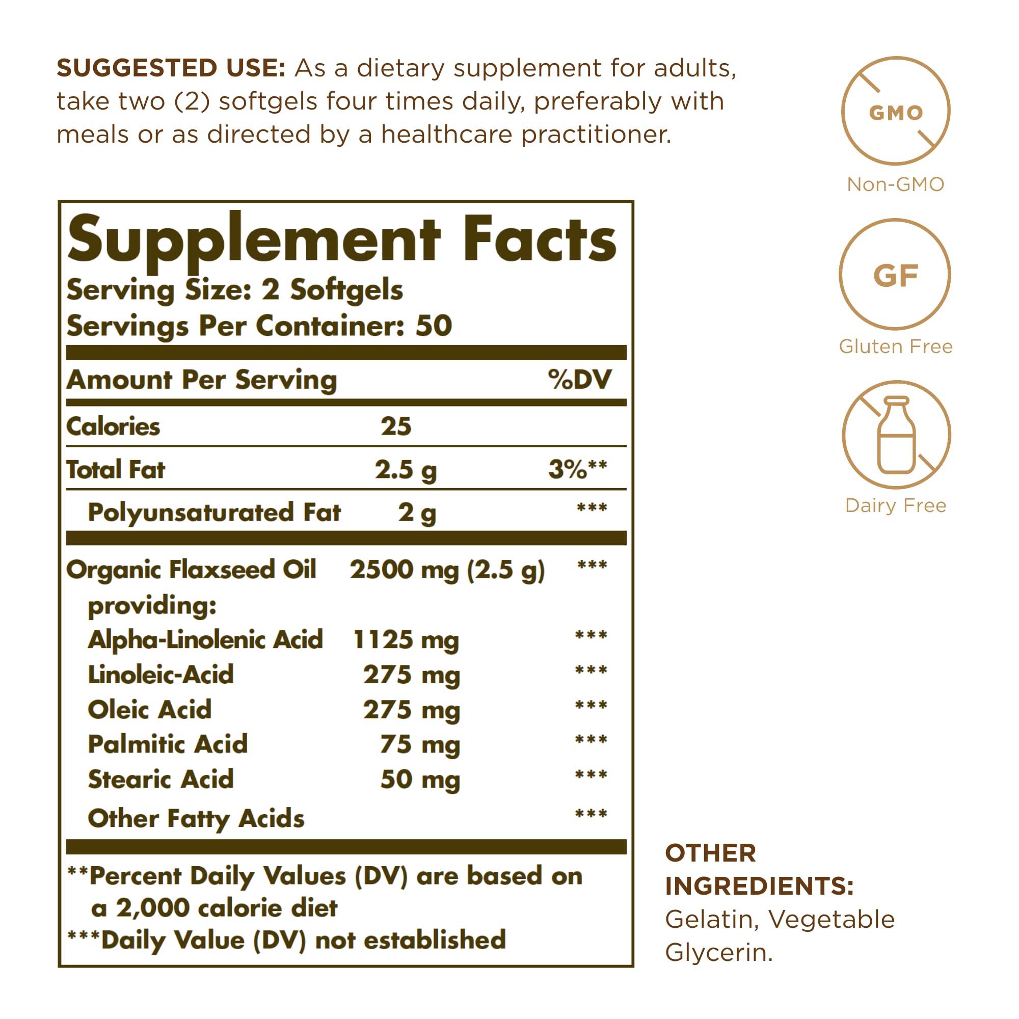 Solgar flaxseed oil softgels close-up showing 100-count bottle and smooth capsules