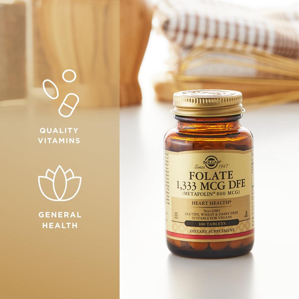 Solgar Folate packaging features gluten-free and dairy-free icons.