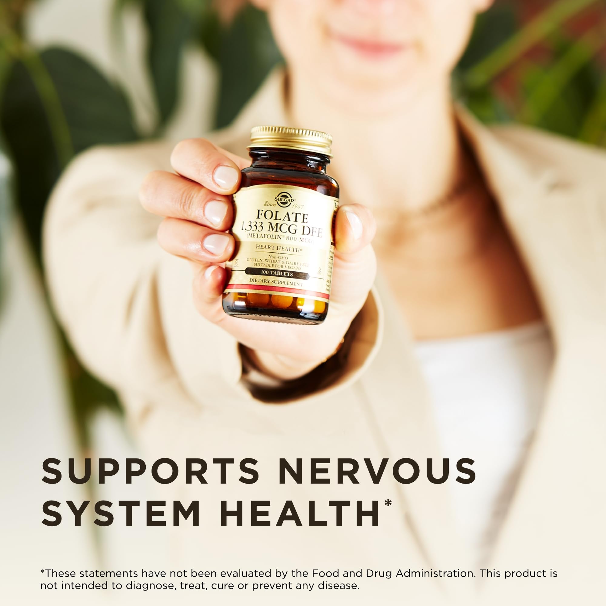 Solgar Folate packaging displays kosher and vegan symbols.