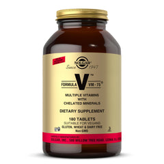 Solgar Formula VM-75 bottle label highlighting vegan, gluten-free nutrition for daily use.