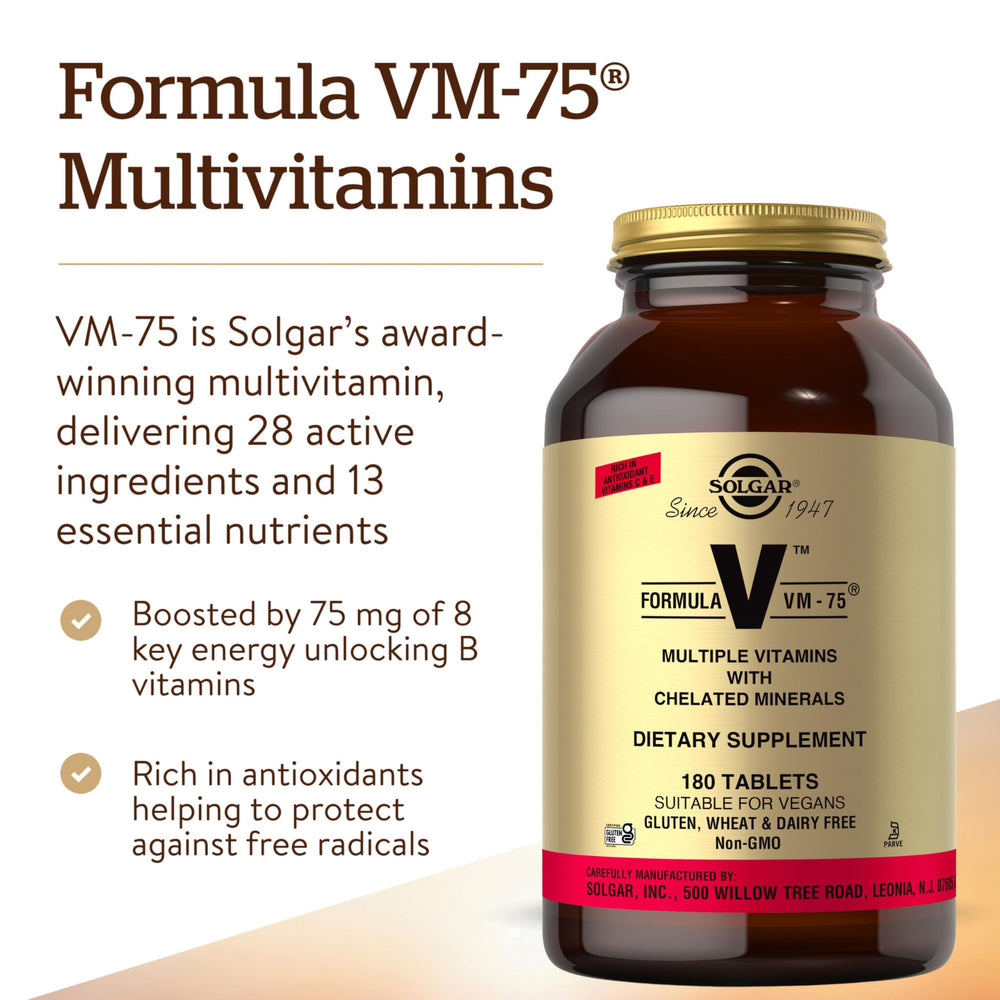Solgar Formula VM-75 packaging emphasizes vegan and kosher certification for allergy-conscious shoppers.