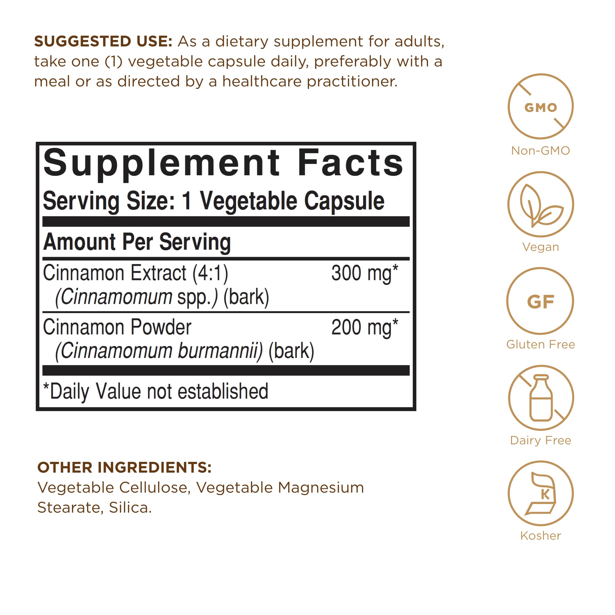 Solgar Cinnamon label close-up highlights vegan, non-GMO formula