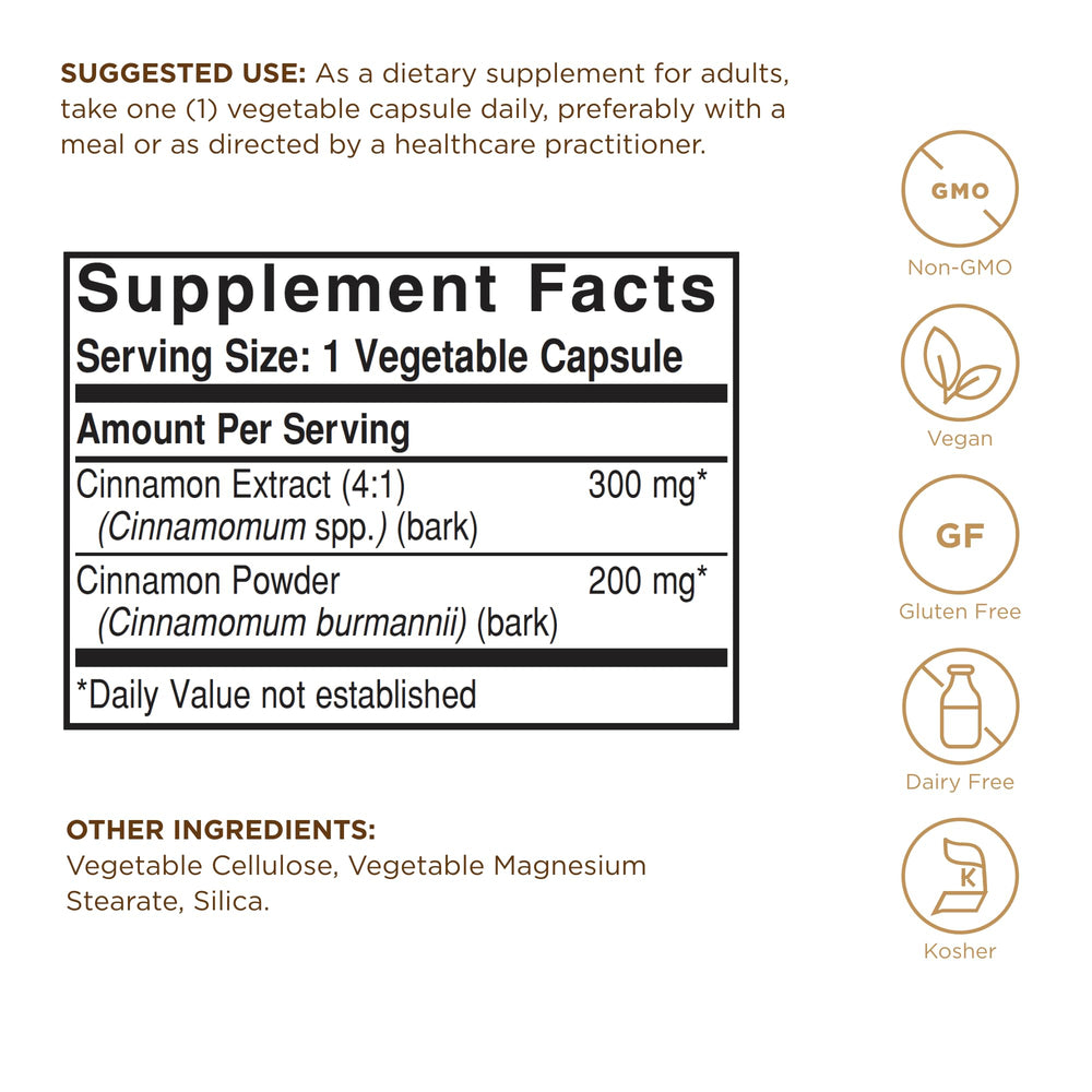 Solgar Cinnamon label close-up highlights vegan, non-GMO formula