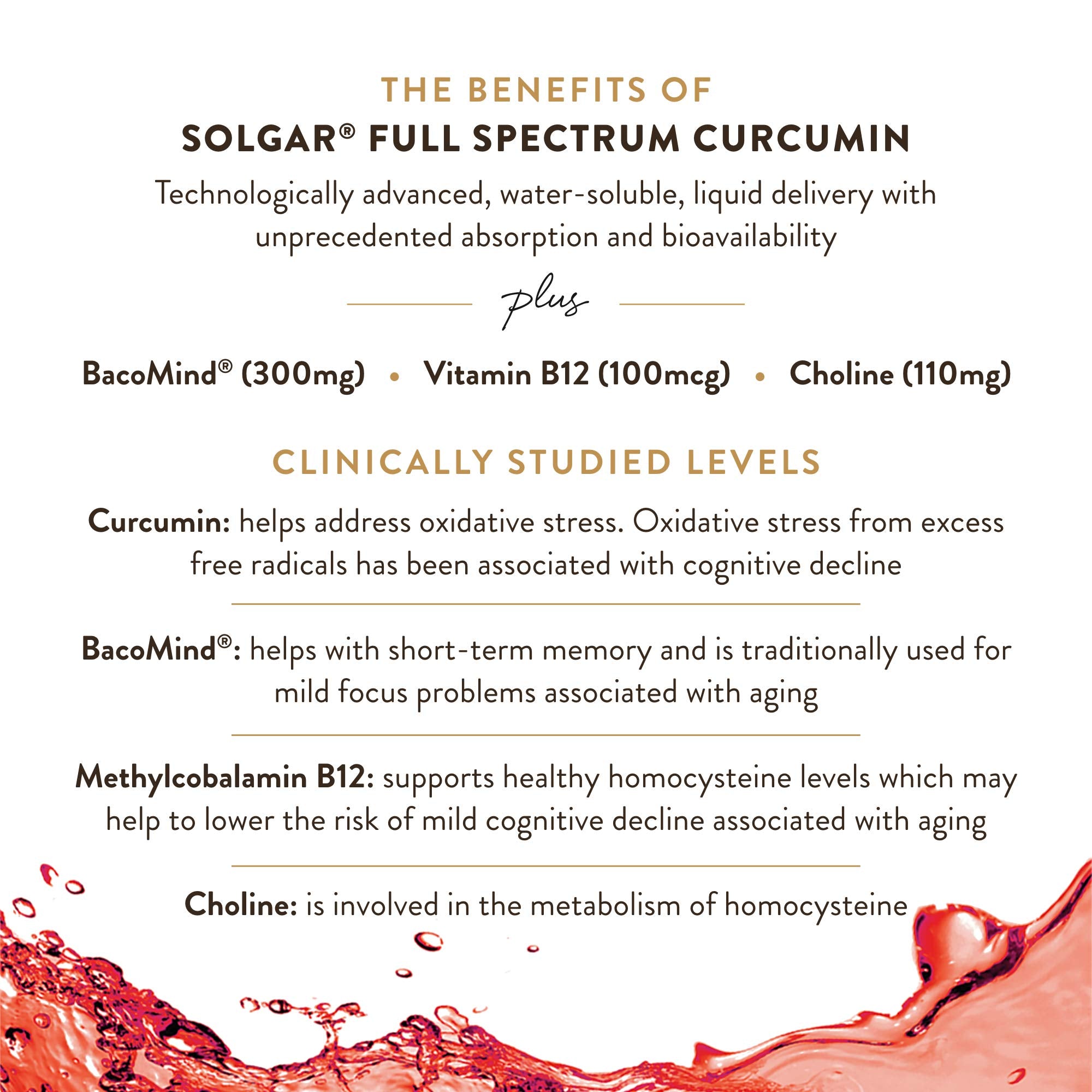 Solgar Full-Spectrum Curcumin Brain Works with BacoMind, highlights bacopa benefits for memory.