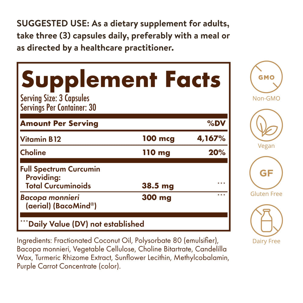 Solgar Full-Spectrum Curcumin Brain Works capsules closeup, promotes healthy focus and memory recall.