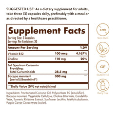 Solgar Full-Spectrum Curcumin Brain Works capsules closeup, promotes healthy focus and memory recall.
