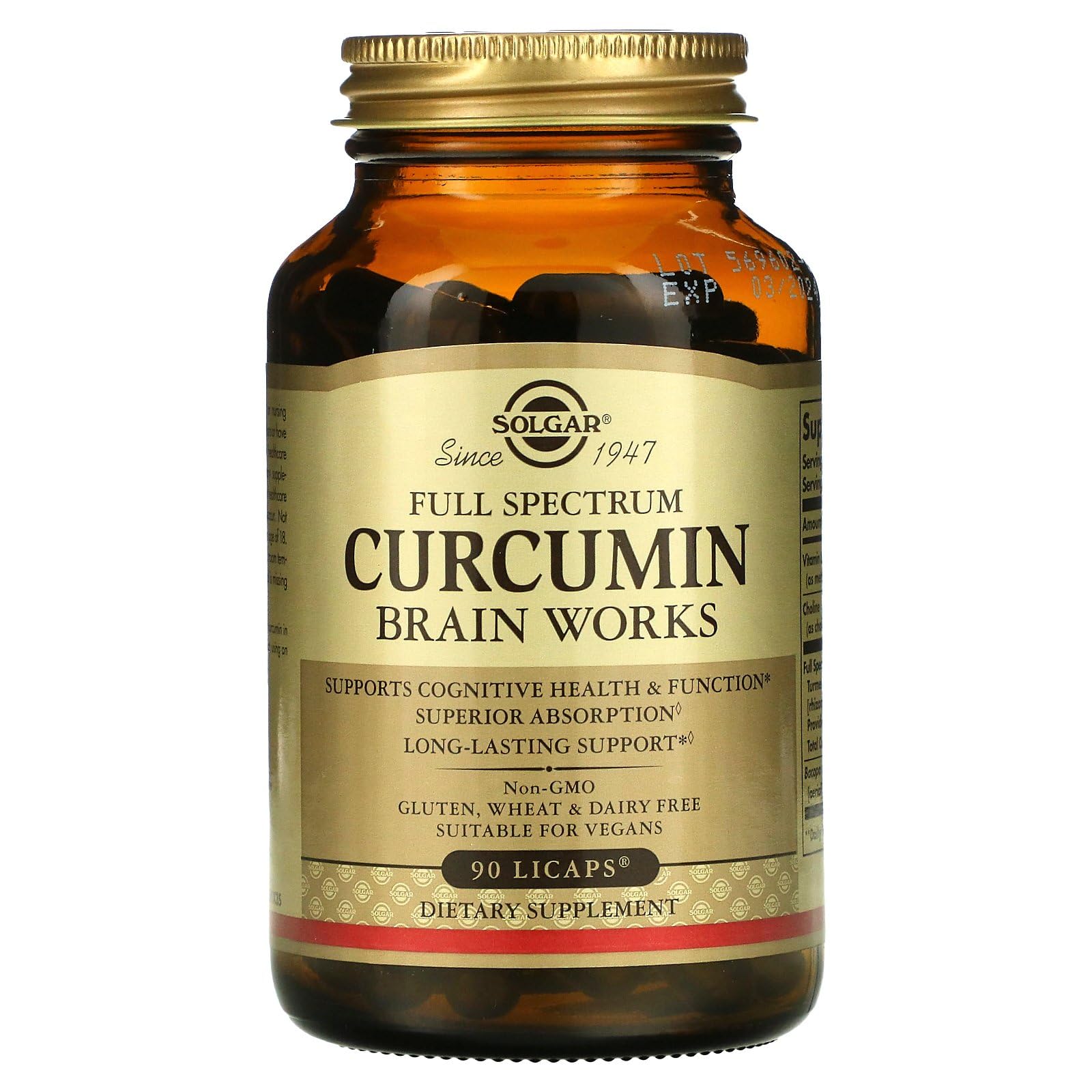 Solgar Full-Spectrum Curcumin Brain Works label detail, highlights BacoMind and choline for brain support.