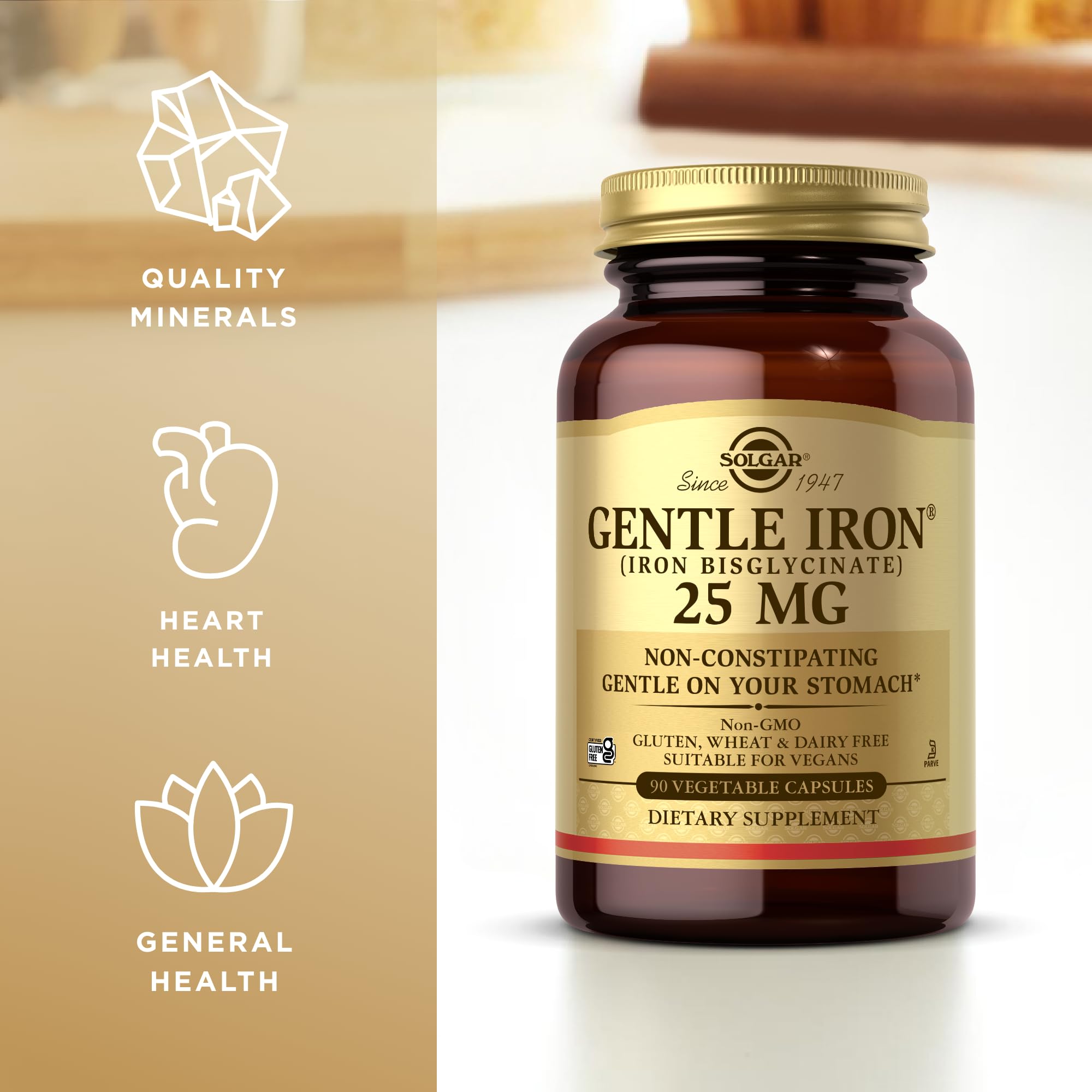 Solgar Gentle Iron gluten-free label on bottle for gluten-sensitive diets.