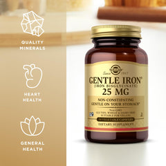 Solgar Gentle Iron gluten-free label on bottle for gluten-sensitive diets.