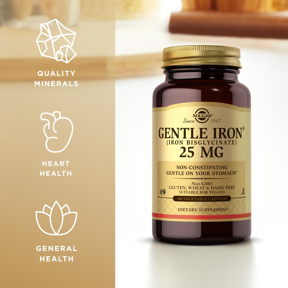 Solgar Gentle Iron label detail highlighting gluten-free and non-GMO features