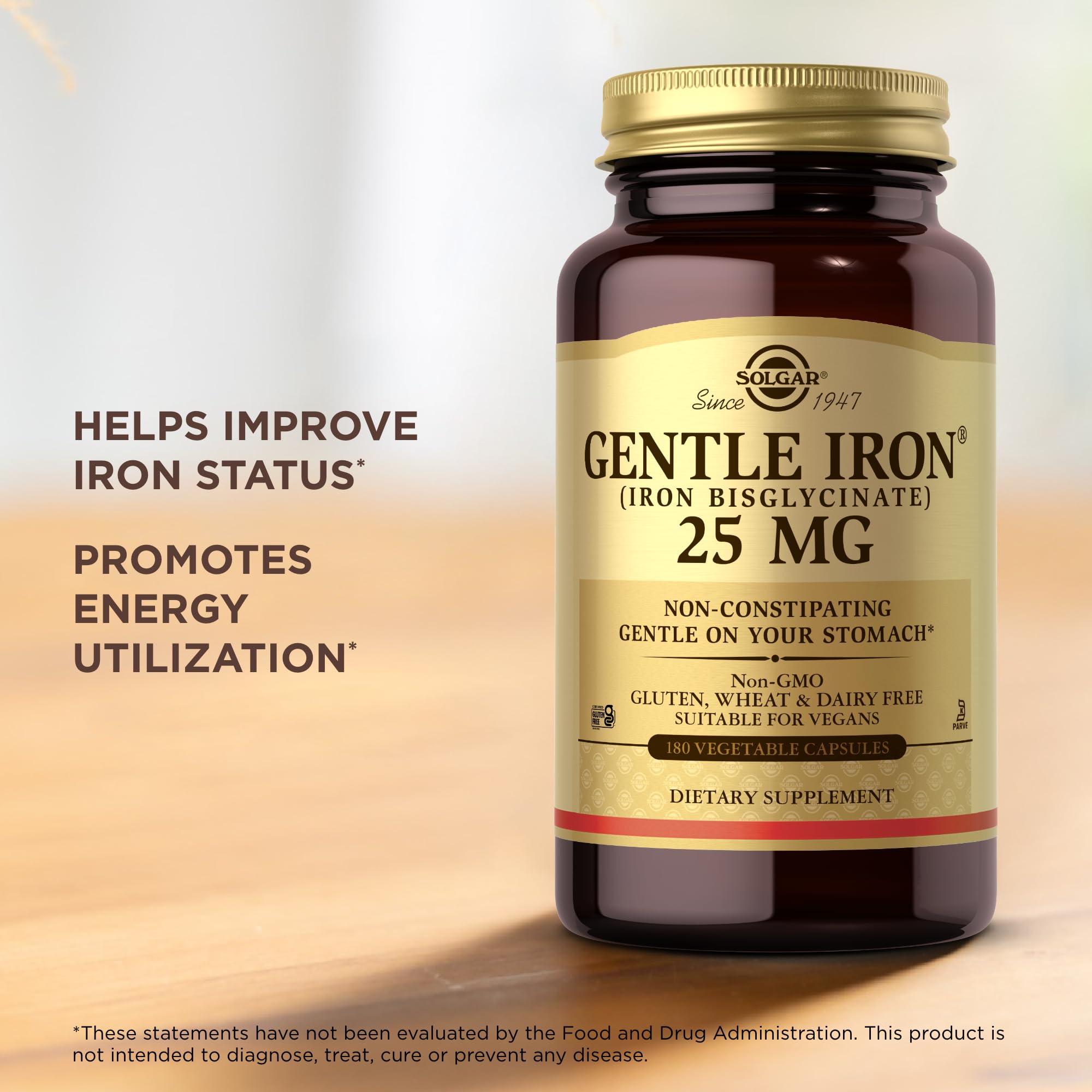Solgar Gentle Iron packaging with vegan and gluten-free icons