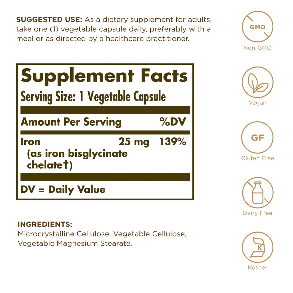 Solgar Gentle Iron vegetable capsules packaging highlighting gluten-free formula.