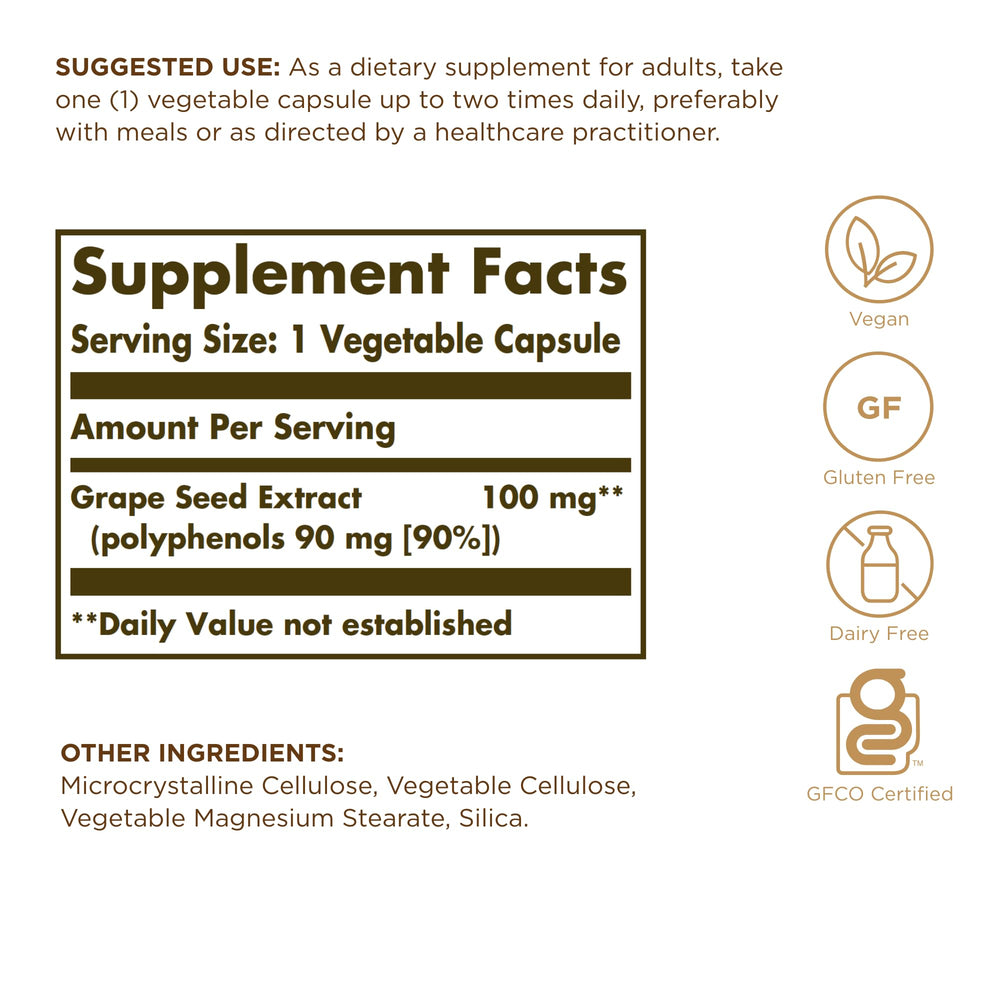 Solgar Grape Seed Extract bottle back label with dosage details