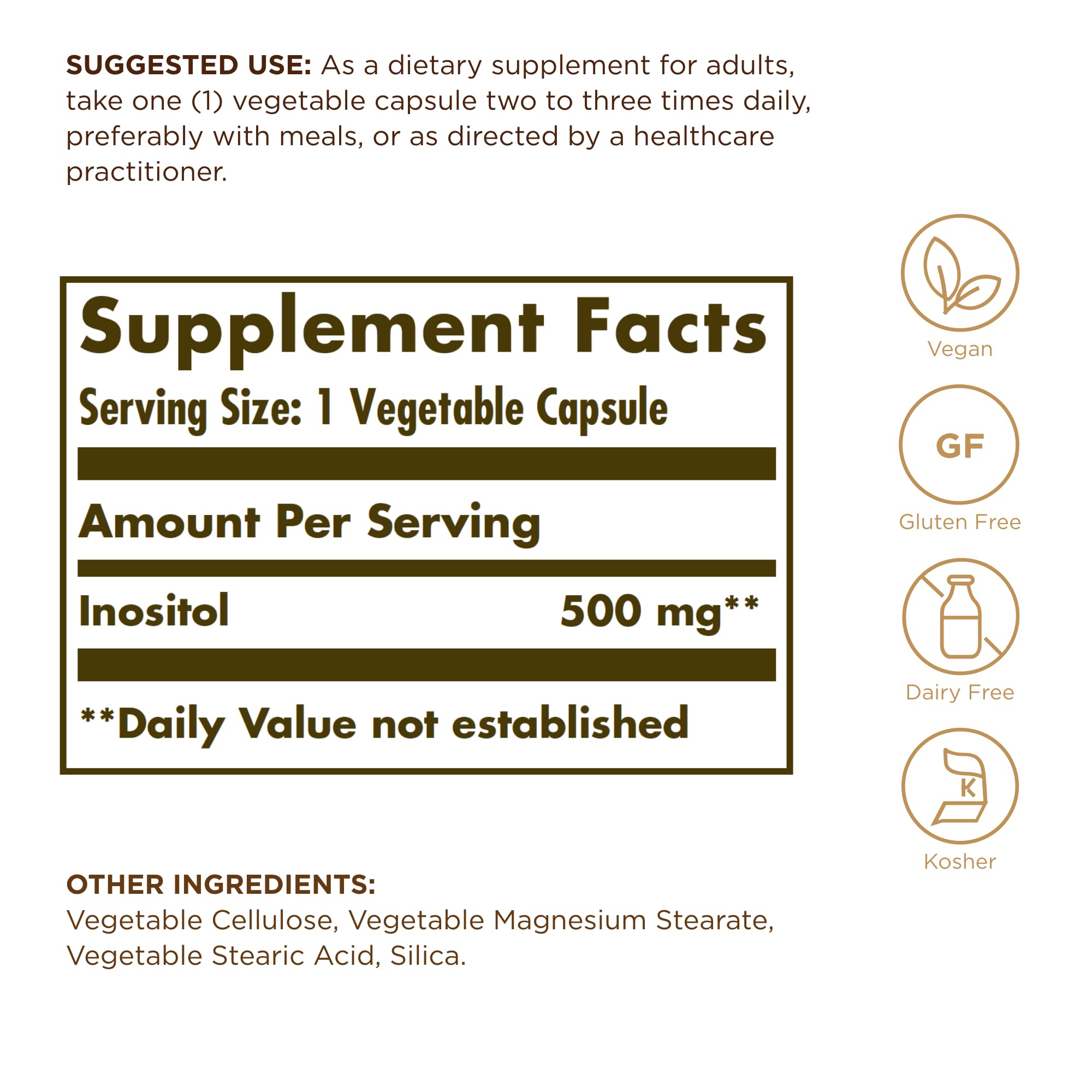 Closeup of Solgar Inositol 500 mg capsules showing smooth, easy-to-swallow form