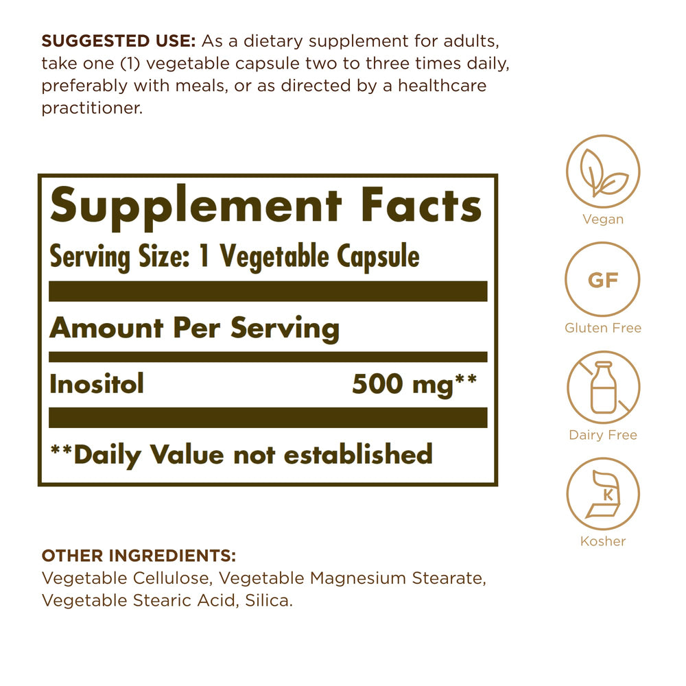 Closeup of Solgar Inositol 500 mg capsules showing smooth, easy-to-swallow form