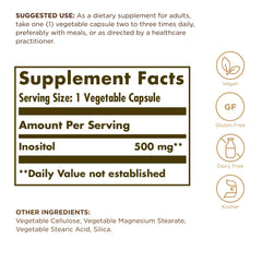 Closeup of Solgar Inositol 500 mg capsules showing smooth, easy-to-swallow form