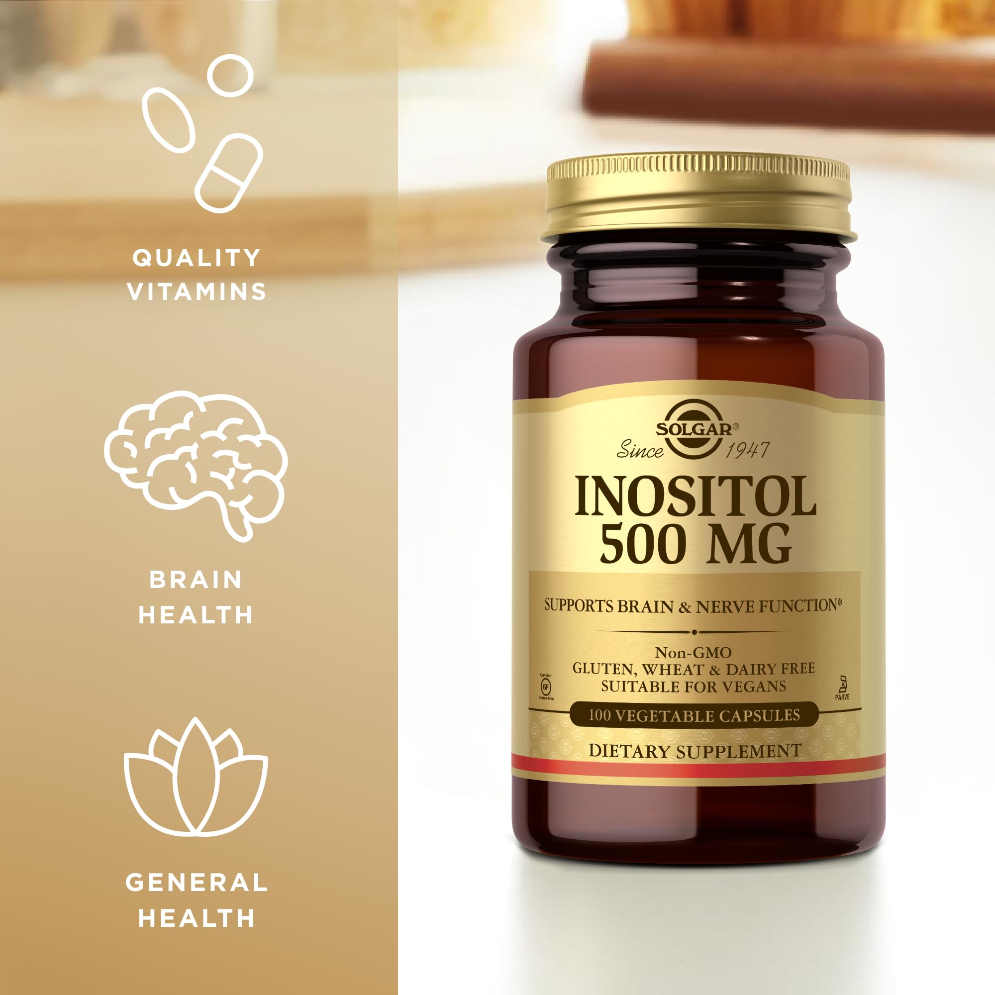 Solgar Inositol free-from-gluten-dairy emphasizes allergen-free vegan option