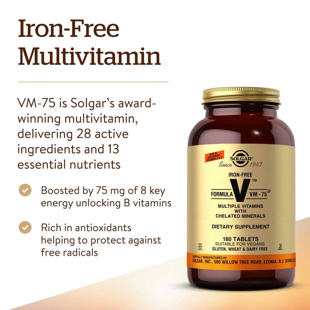 Solgar Iron-Free VM-75 label showing vegan and kosher certifications