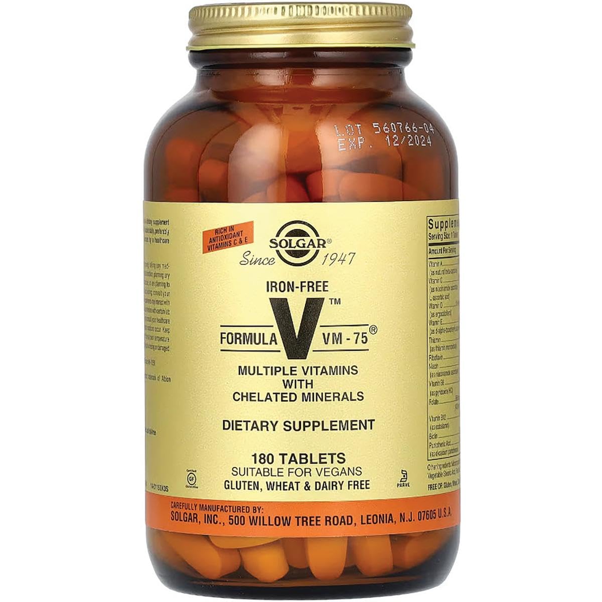Solgar Iron-Free VM-75 nutrition facts panel highlighting chelated minerals