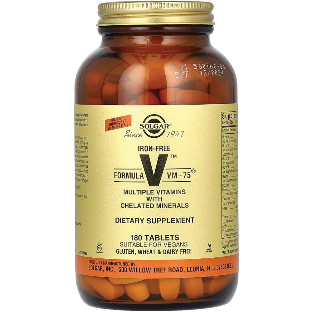 Solgar Iron-Free VM-75 nutrition facts panel highlighting chelated minerals