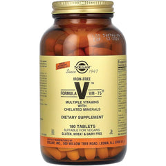 Solgar Iron-Free VM-75 nutrition facts panel highlighting chelated minerals